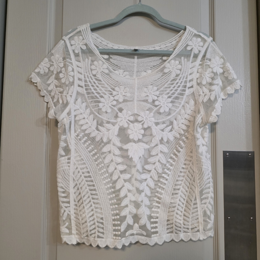 White Embroidered Short Sleeve Lace Top - Women